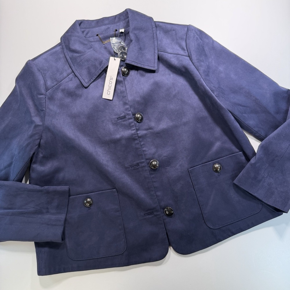 Chicos Cropped Suede Button Jacket M Navy NWT MSRP $199.50 Classic Luxury